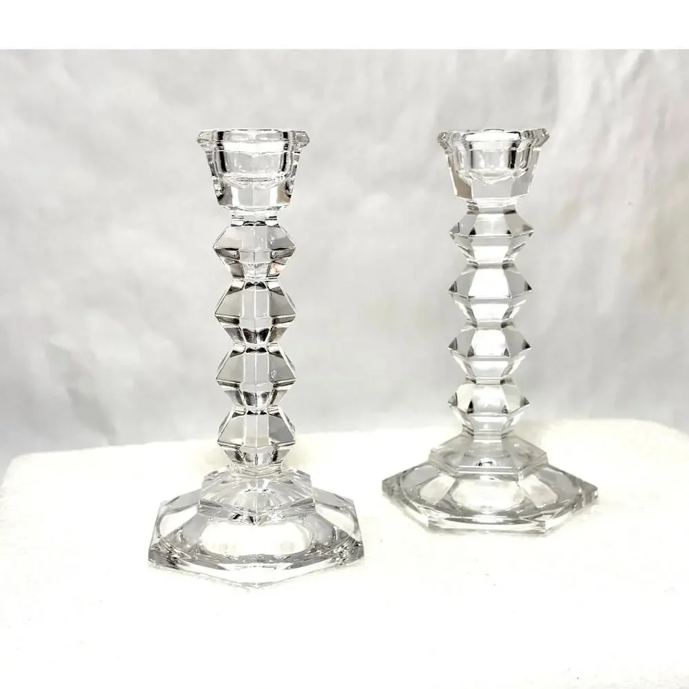 Vintage Faceted Crystal Clear Glass Candlestick Candle Holder Pair Centerpiece